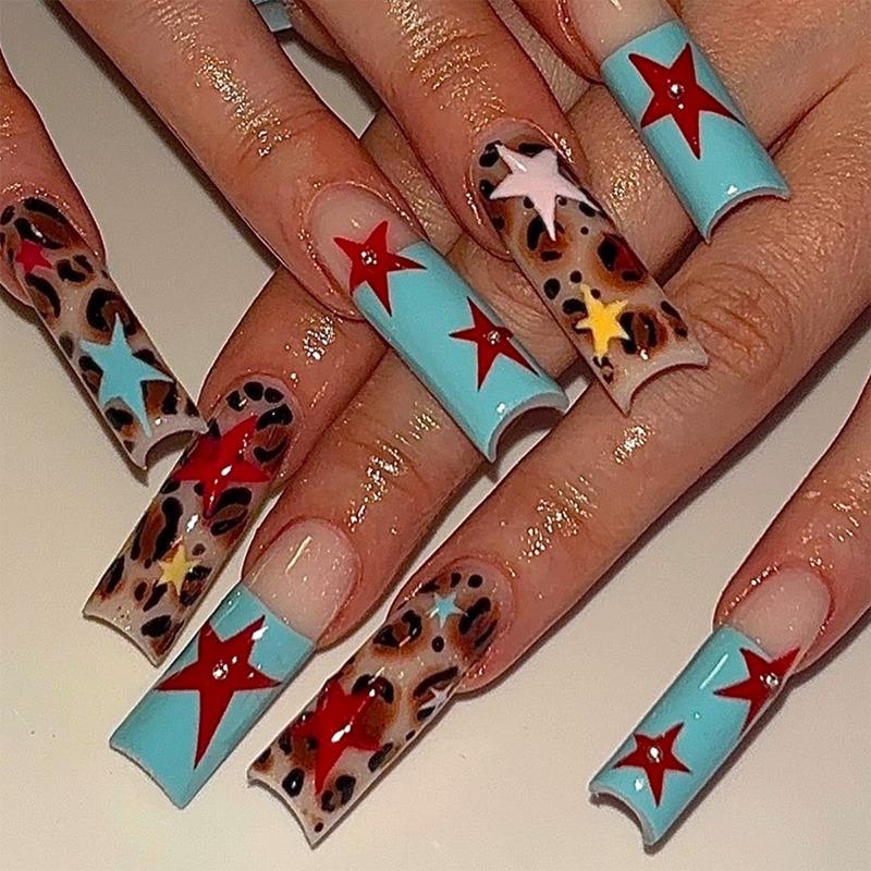 

24PCS Red Star Blue French False Nails with Glue Y2k Leopard Print Pattern Long Square Press on Nails Wearable Acrylic Fake Nail