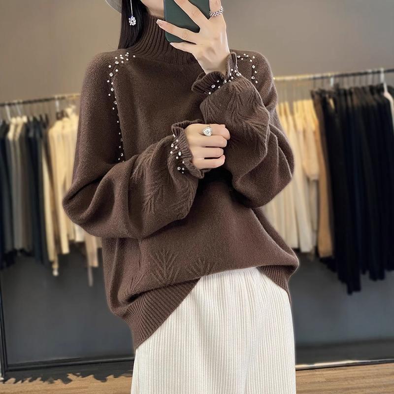 

Women s Turtleneck Sweater Autumn Winter Beaded Loose Sweater Solid Color Pullover Knit top 3XL