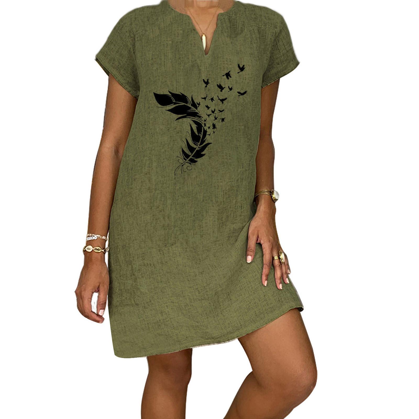 Women s Summer Casual Fashion Print Short-sleeve V-neck Loose Cotton Linen Dress XL зелёный