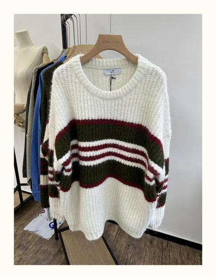 Xiao Wangs Winter Koreanischer Stil Übergröße Lässiger Colorblock Gestreifter Pullover