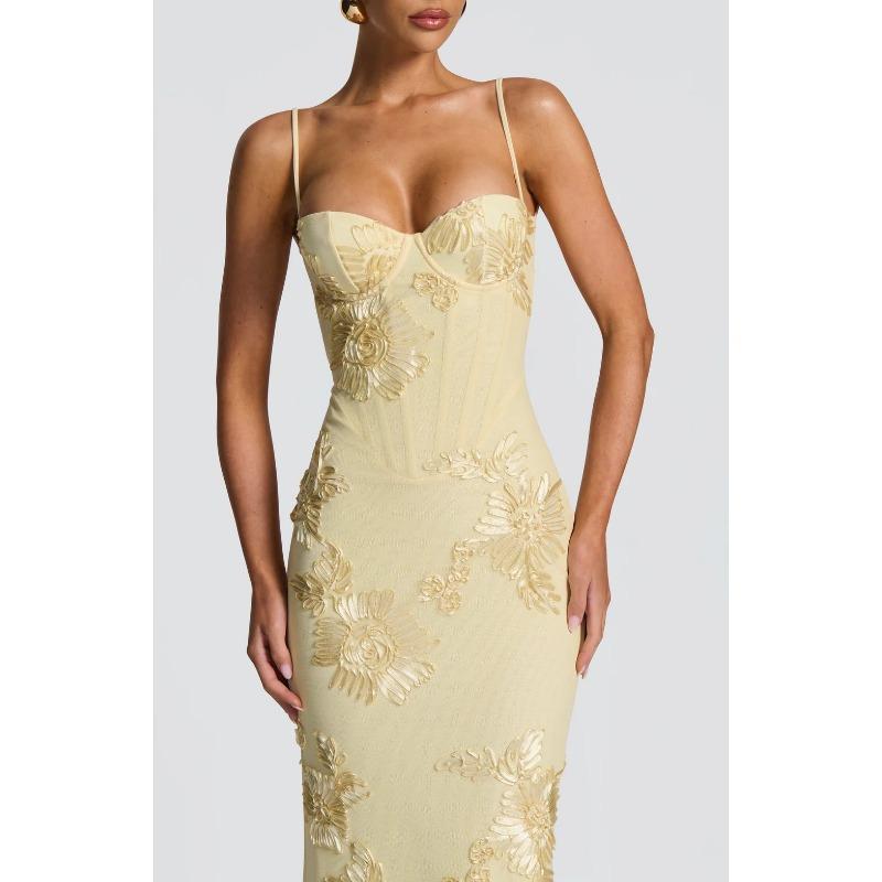 Abito da sera lungo da donna in stile francese, vestibilità aderente, con spalline sottili, schiena scoperta, tinta unita, con decorazione floreale