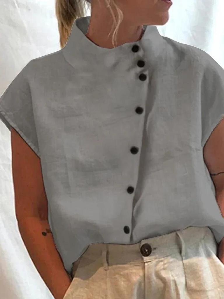 New Trendy Stand Collar Women's Short-Sleeve Button-Up Shirt