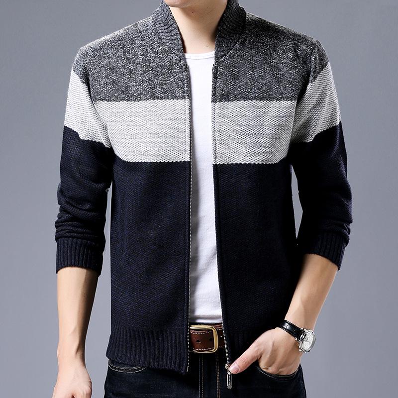 Men's Spring and Autumn Striped Color Blocking Cardigan Sweater Standing Collar Personalized Long Sleeve Knitwear