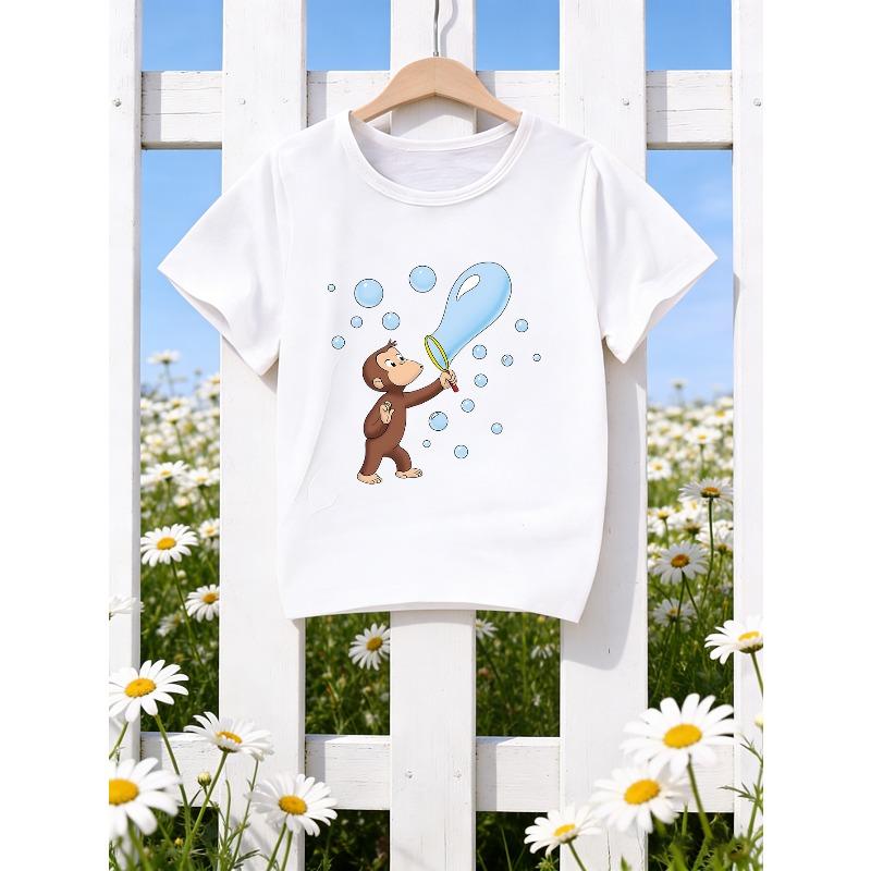 Kids Crewneck Short Sleeve Tee, Cute Cartoon Monkey Letter Print 110