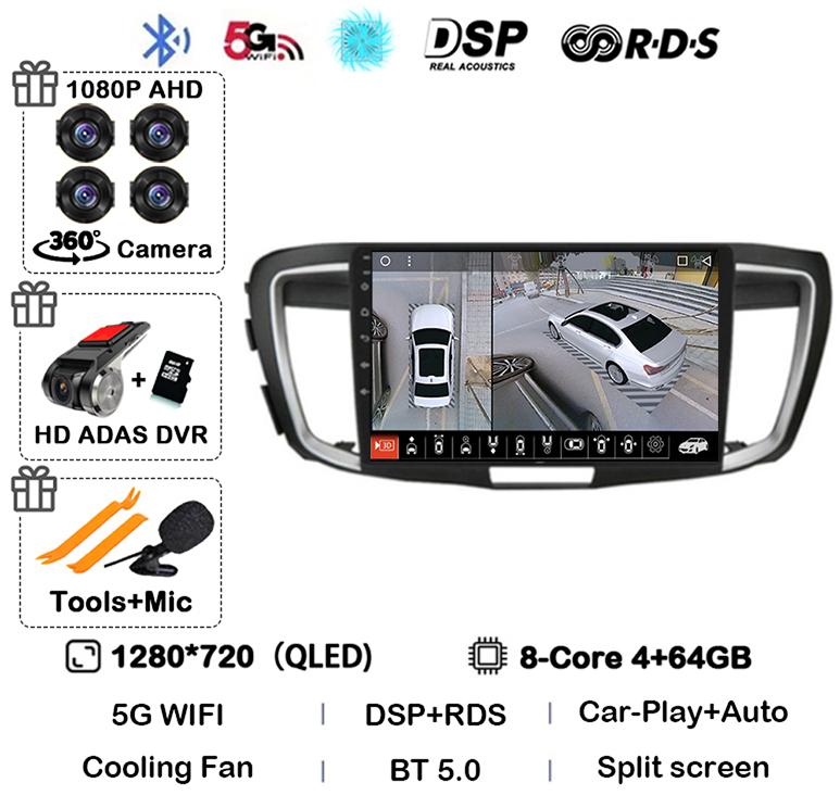 Android 14 Carplay Auto For Honda Accord 9 2.4L 2.0L 2012 - 2018 WiFi+4G Car Radio Multimedia Video Player GPS Navigation Stereo