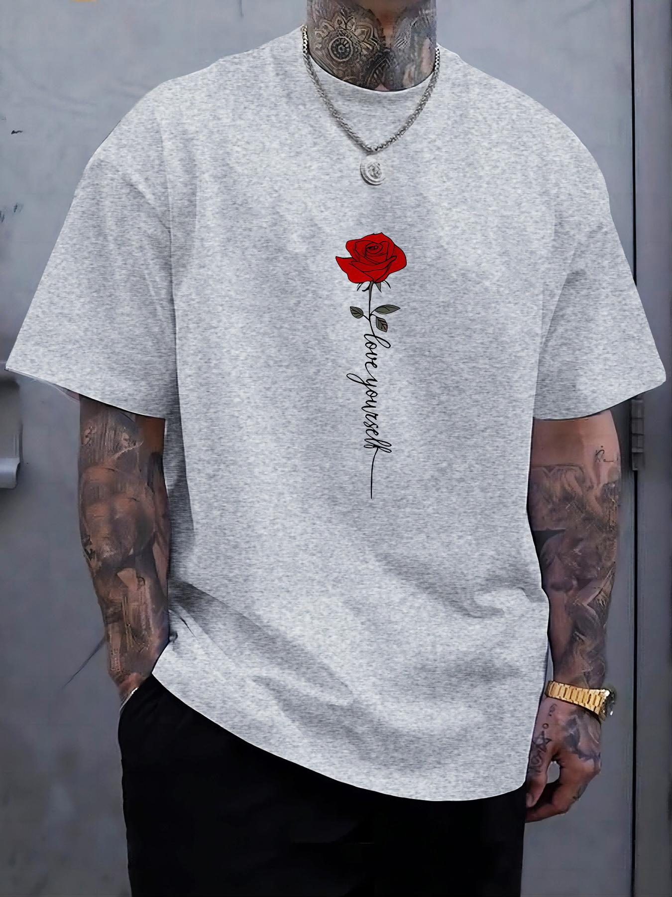 

Summer fashion men s round-neck short-sleeved 100 pure cotton T-shirt with red rose print casual sportswear S