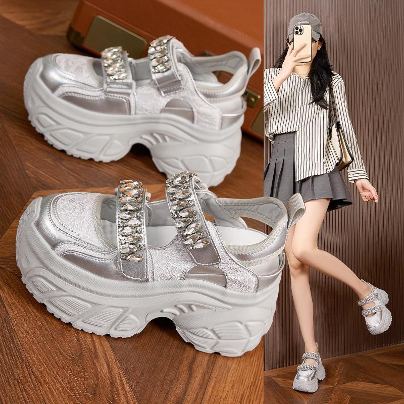 Fashion 9CM Air Mesh Microfiber Leather Chunky Sneaker High Brand Comfy Booties Fashion Summer Hook Ankle Boots Bling Shoes Women