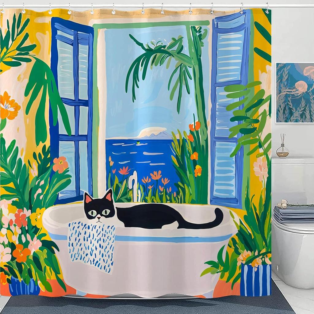 Adorable Cats Shower Curtain Set Cozy Plant Pot Design Waterproof Bathroom Shower Curtain Cute Feline Group Print Charming Home
