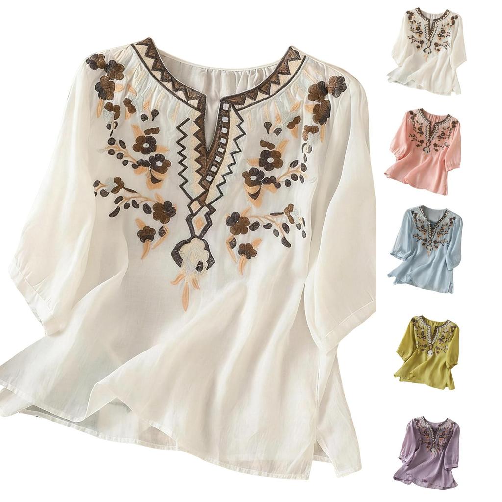 Women's Retro Embroidered Cotton Linen Stylish Casual Shirt Top