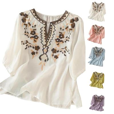 Women's Retro Embroidered Cotton Linen Stylish Casual Shirt Top