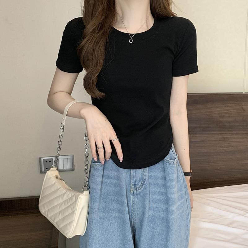 Select Pure Cotton Irregular T-shirt Women's Short-sleeved 2024 New Summer Chic Waist Top Slim Body Shirt Bottoming Shirt
