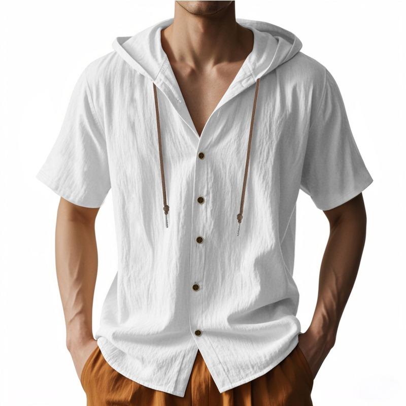 Mens Casual Solid Color Short Sleeve Hooded Button Up Shirt S