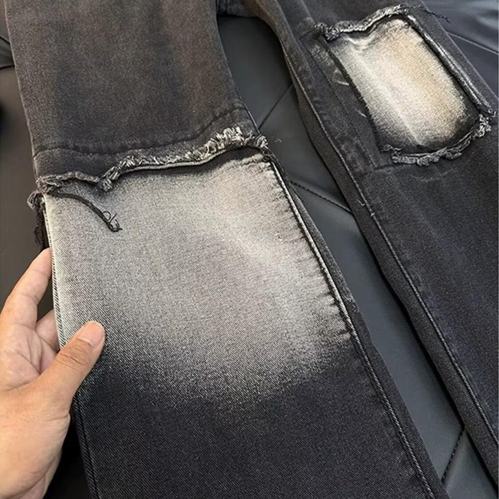 Spring and autumn American ruffian handsome retro old ripped patch black jeans men straight loose cone pants men