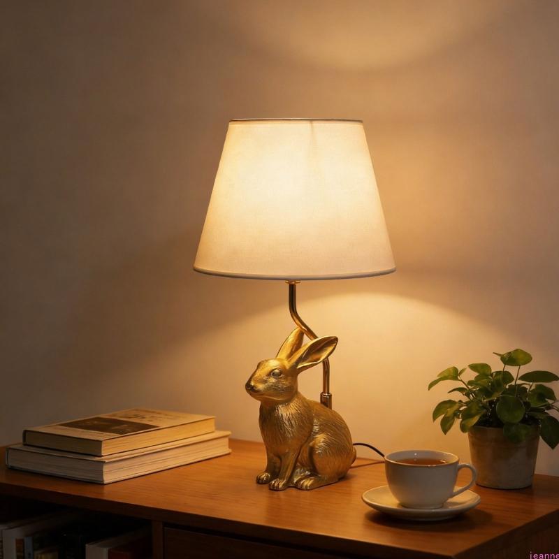 Elegant Rabbits Table Lamps with Retro Design Artistic Bedside Light for Bedroom Nightstand and Living Room Decorating