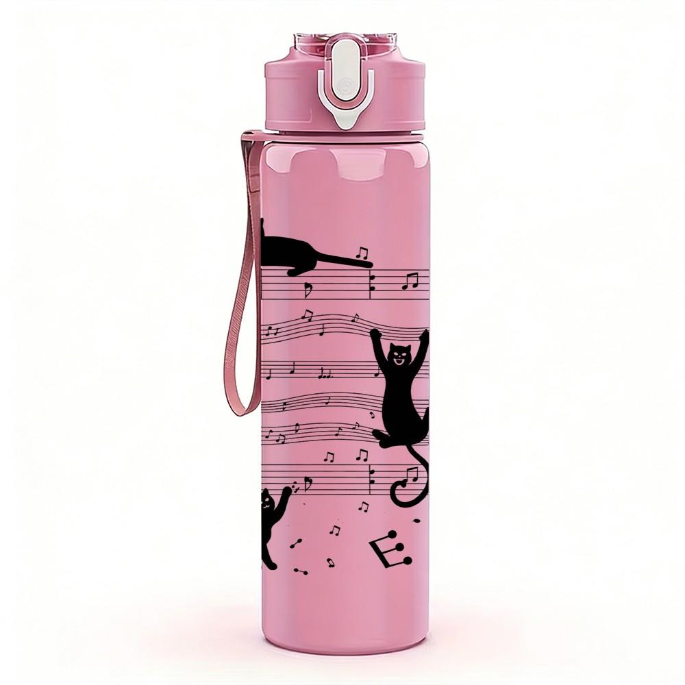 1PC Cat On Musical Staff Note Sketch Print 750ml Color Plastic Sports Water Bottle Leakproof Flip Straw Lid Suitable for Sports Office Home Use