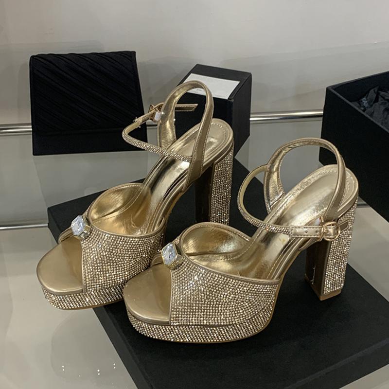 Fashion Liyke Elegant Woman Wedding Party Shoes Sexy Thick Bottom Square Toe Crystal Rhinestone High Heels Platform Sandals Women Silver