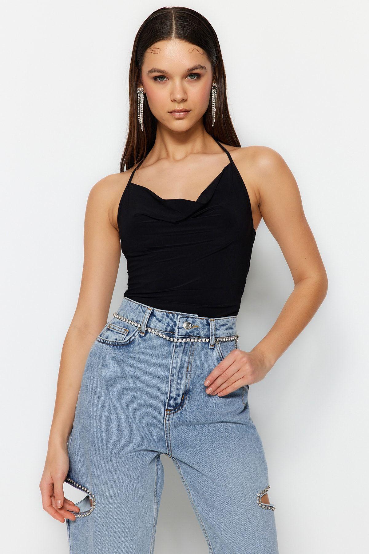 

Women s Fashion Black Ruffle Collar Knitted Bodysuit XS