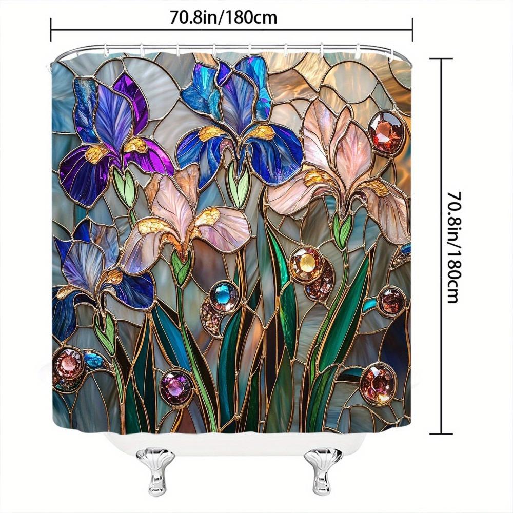 Stained Glass Iris Flowers Shower Curtain - Polyester, Purple Pink Blue Blooms, Golden Accents & Gem Beads,  Fashion Bath Decor