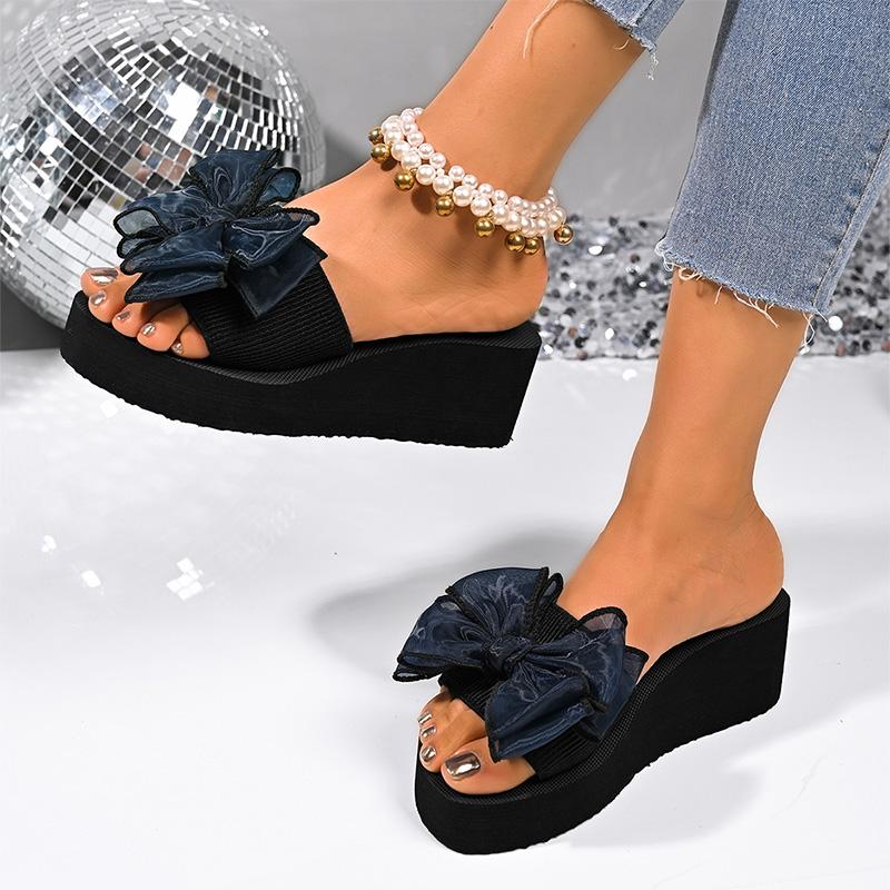 Fashion Women's Bowtie Decor Wedges Sandals Summer Light Comfort Chunky Platform Slippers Plus Size Thick Sole Non Slip Casual Slippers