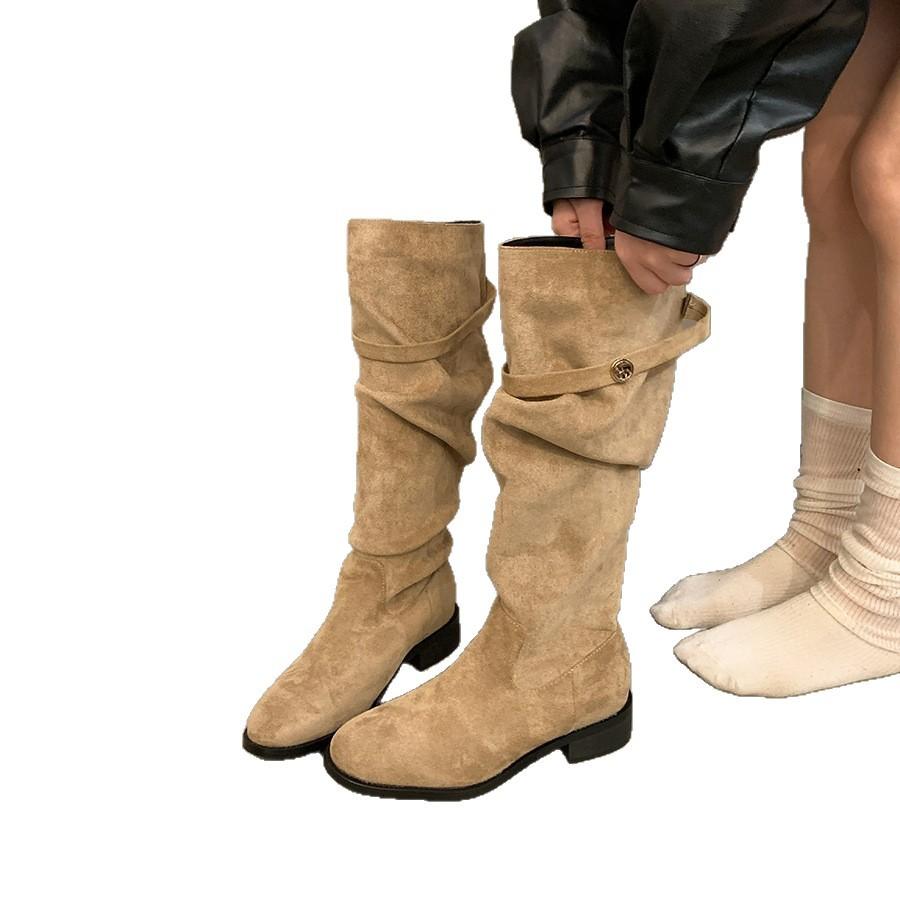 French Thick Heel Apricot Suede Piled Boots Women's Shoes 2025 New Spring and Autumn Winter Versatile Thin Long Boots