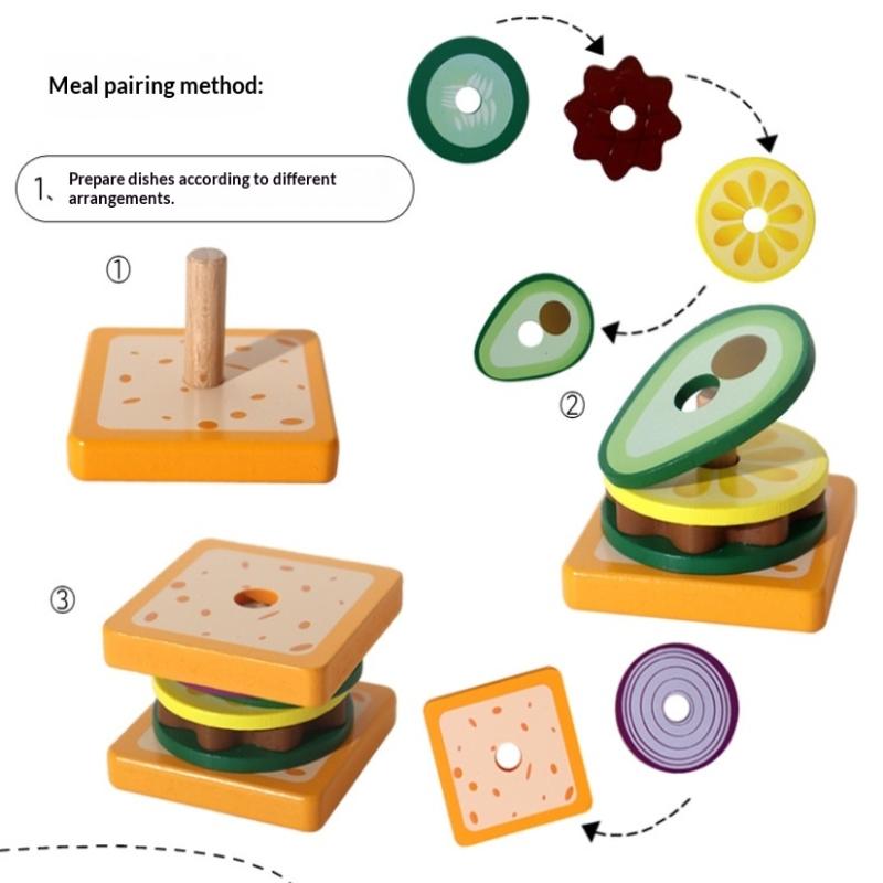 Wooden Sandwich Burger Sorting Stacking Toys Simulated Kitchen Toys Kids Preschool Education Toy
