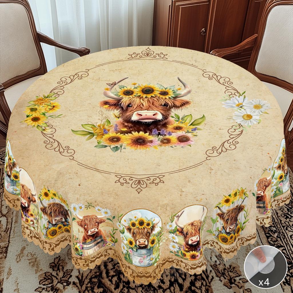 1 Piece of Summer Retro Farmhouse Pastoral Pattern Rectangular Tablecloth, Cow, Flower, Pattern Printed Round Tablecloth, Party Tablecloth, Home Table
