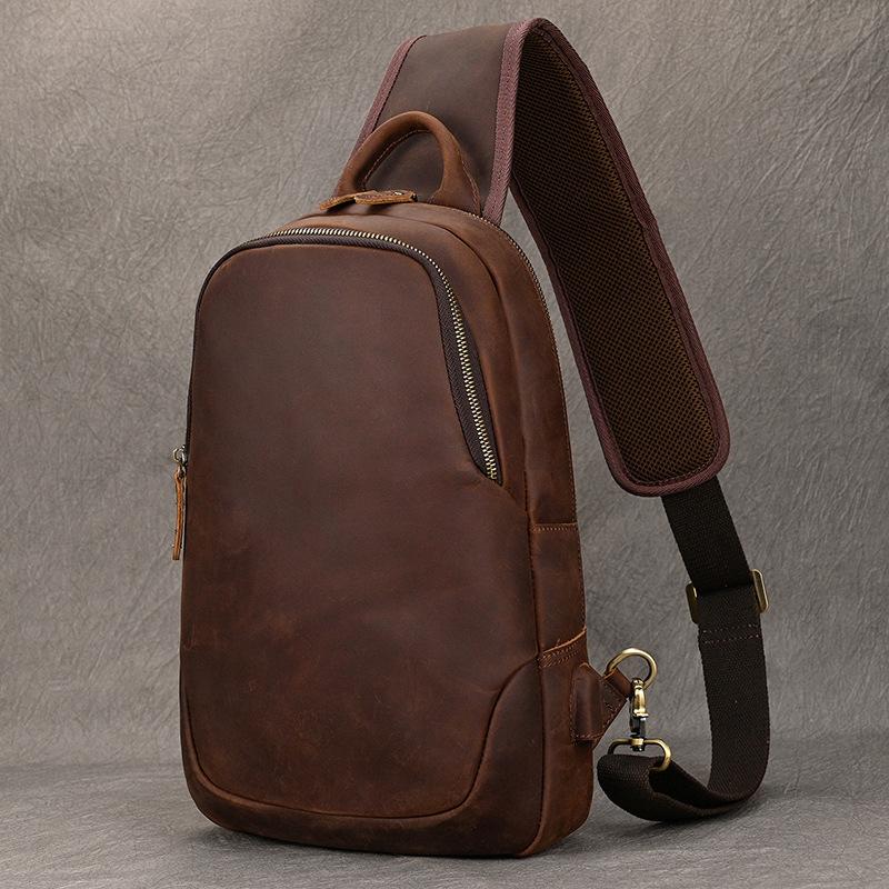 Crazy Horse Leather Chest Bag Large Capacity Men's Leisure Diagonal Cross Bag with USB Cowhide Shoulder Bag Commuting Leisure Shoulder Bag