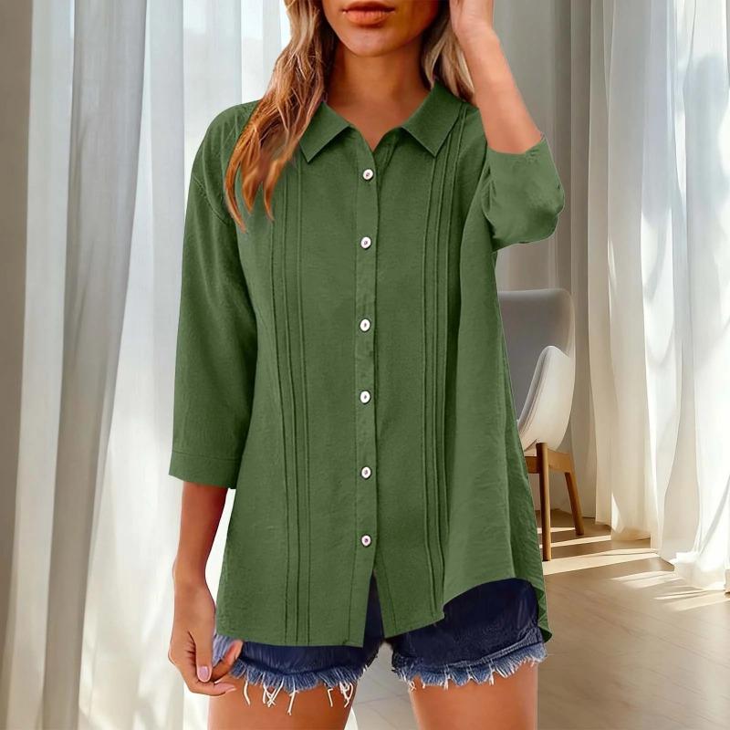 Summer New Women's Casual Tops Three-quarter Sleeve Solid Color Lapel Cotton and Linen Loose Shirt