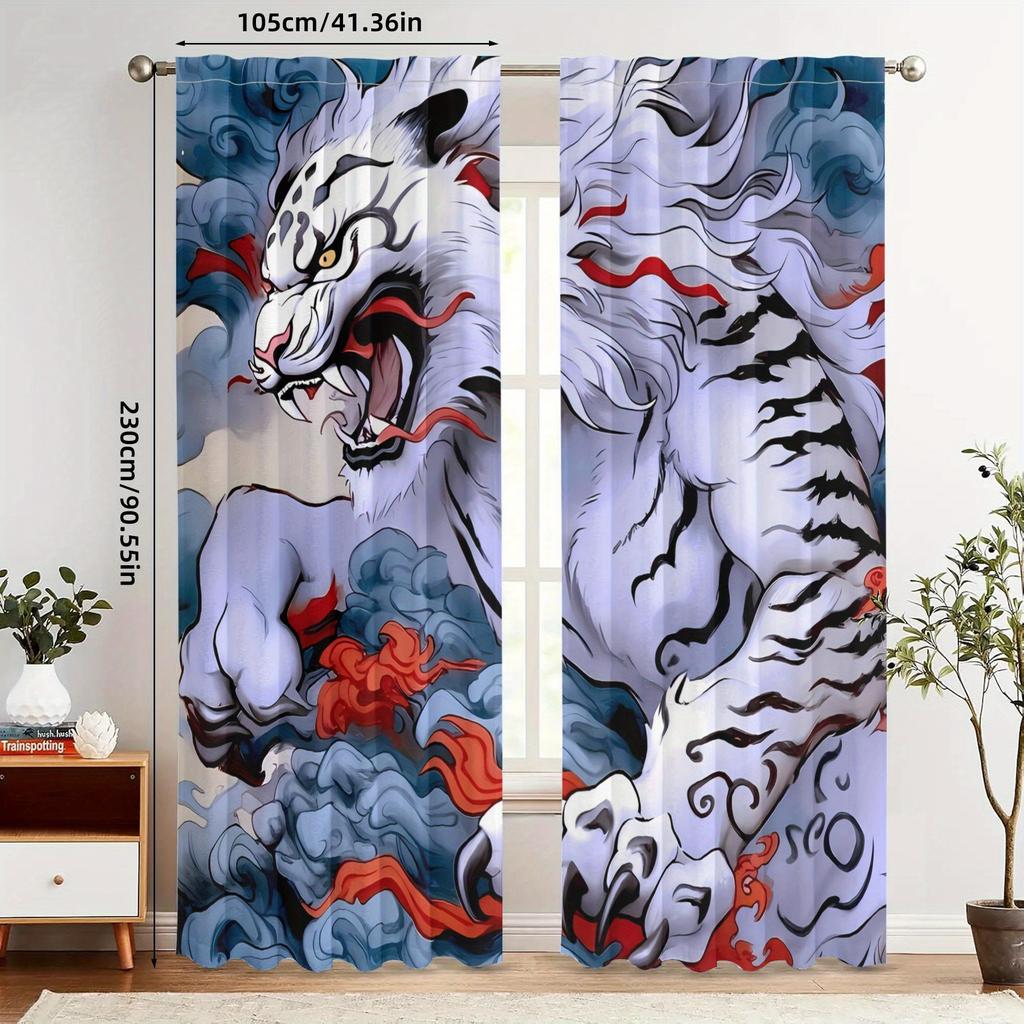 2pcs Vintage-Style White Tiger Print Curtains - Blackout, Rod Pocket, Machine Washable Polyester, Living Room Decor with Dram