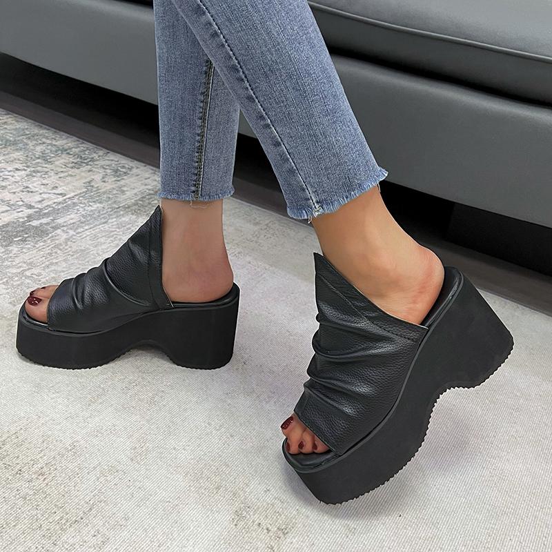 Modne Letnie Damskie Sandały na Koturnie Premium Ortopedyczne Sandały z Odkrytymi Palcami Vintage Antypoślizgowe Skórzane Casualowe Damskie Buty na Platformie Retro