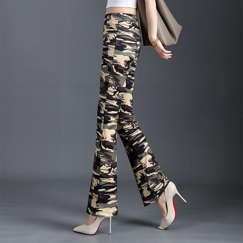 Women's Camouflage Army Green Micro-Flare Pants - Slim Fit, Plus Size, Versatile, Casual, Summer Style