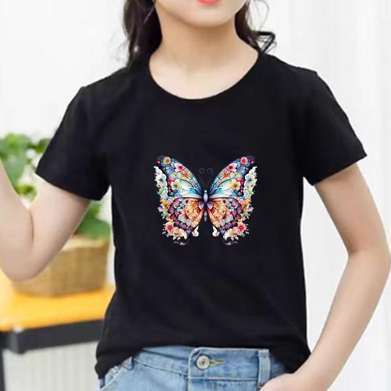 Kids Cotton T Shirt Colorful Floral Pattern Butterfly Print Crew Neck Short Sleeve Tee Casual Boys Girls Summer Tops