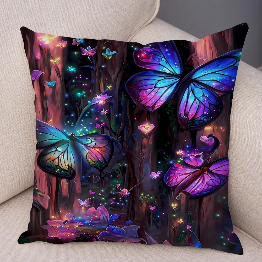 Tecknad Blomma Fjäril Djur Kuddfodral Dekor Blomma Kuddfodral för Soffa Hem Bil Fantasi Skog Mjuk Plysch Kuddfodral