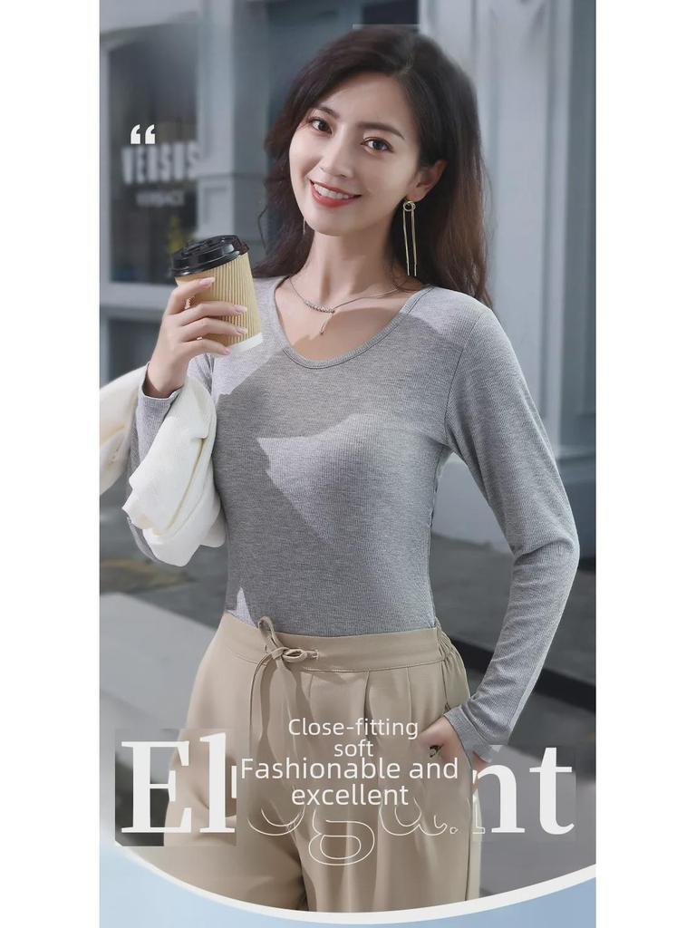 2025 Slim V-Neck Ribbed Long-Sleeve Top - Versatile Solid Color for Women's Layering