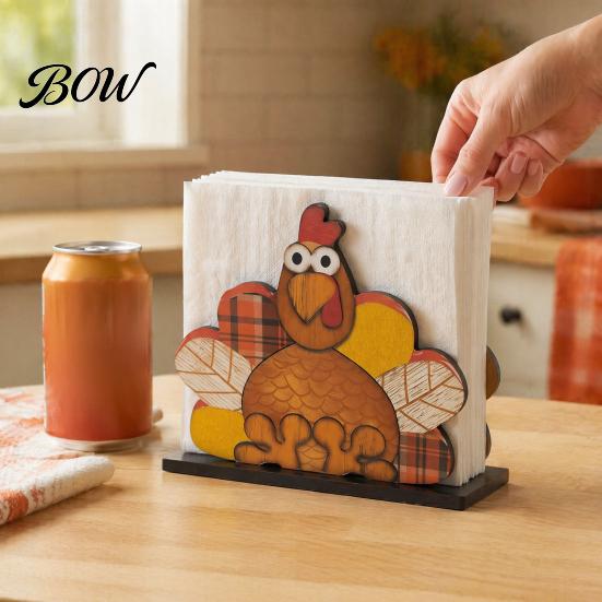 Rustic Pumpkin Maple Leaf Decoration Thanksgiving Solid Wood Napkin Holder, Fall Harvest Gnome Scarecrow Turkey Tissue Rack Dispenser, Waterproof