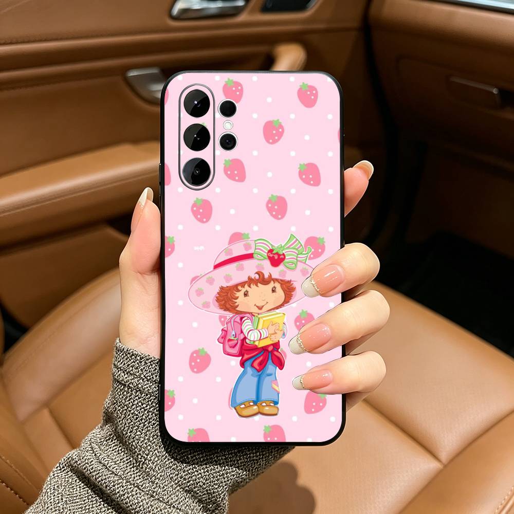 S-Strawberry-S- Shortcake Black Soft Silicone Phone Case for Samsung S25, S24, S21, S22, S23, S30, Ultra, S20, Plus, FE, Lite