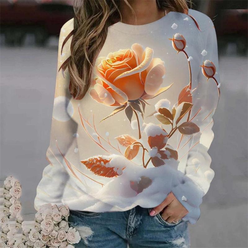 Spring and Autumn Round Neck Rose Flower 3D Printed Top Fashionable Casual Long Sleeved Women's T-shirts