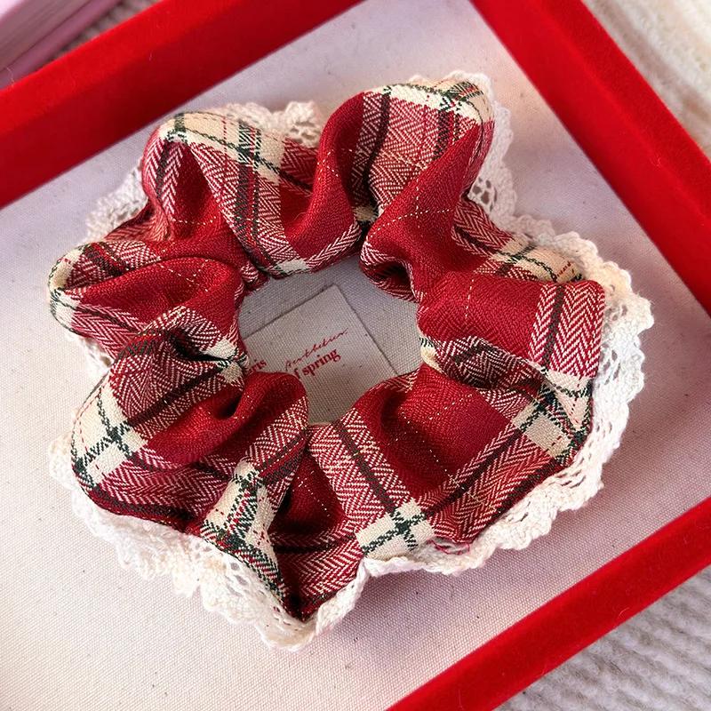 

Ретро Красное Кружево Клетчатые Большие Резинки для Волос Повязки на Голову для Женщин Девушек Веревка для Волос Резинка Мода Новый Год Рождество Головной Убор