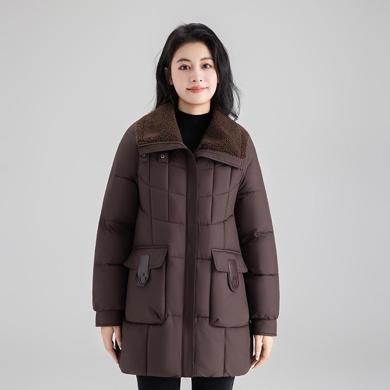 

Модная утепленная одежда из пуха и хлопка Женская Новая Зимняя Куртка средней длины из овечьей шерсти Повседневная Куртка Уличный Тренд M темно-коричневого