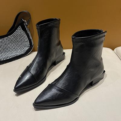 French Elegance Pointed Toe Thin Heel Short Boots Women's Autumn Winter New Style Popular Elastic Slim Boot Low Heel Microfiber