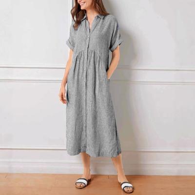 Striped Lapel Button Down Shirt Dress with Pockets Summer Casual Short Sleeve A-line Long Shift Beach Dress for Women