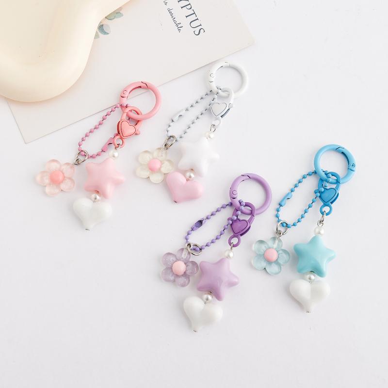 Starfish Beaded Keychain Imitation Pearl Acrylic Pentagram Keyring Girls Earphone Case Phone Decor Ornaments