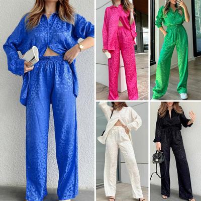 2 Pcs/Set Ladies Suit Shirt Pants Set Leopard Print Long Sleeves Wide Leg Loose Elastic Waist Single-breasted Soft Satin Lapel Drawstring