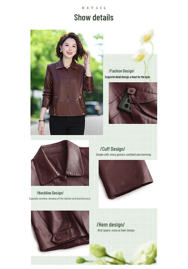 Stilvolle Faltenreduzierende Damen-Lederjacke mit kurzem Revers für Frühling und Herbst