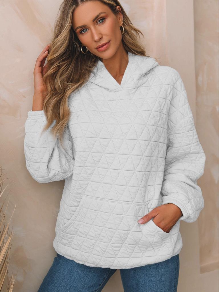 Women Solid Triangle Quilted Hoodie Loose Long Sleeve Front Pocket Pullover Sweatshirt S-5XL Fall Winter Casual Top