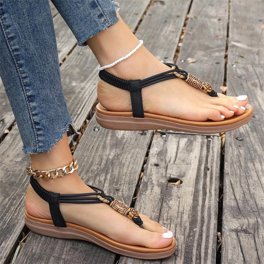 Sandali da Donna alla Moda Retro con Perline e Infradito Punta Tonda Piatto Casual Slip-On Calzature Estive con Elastico sul Retro