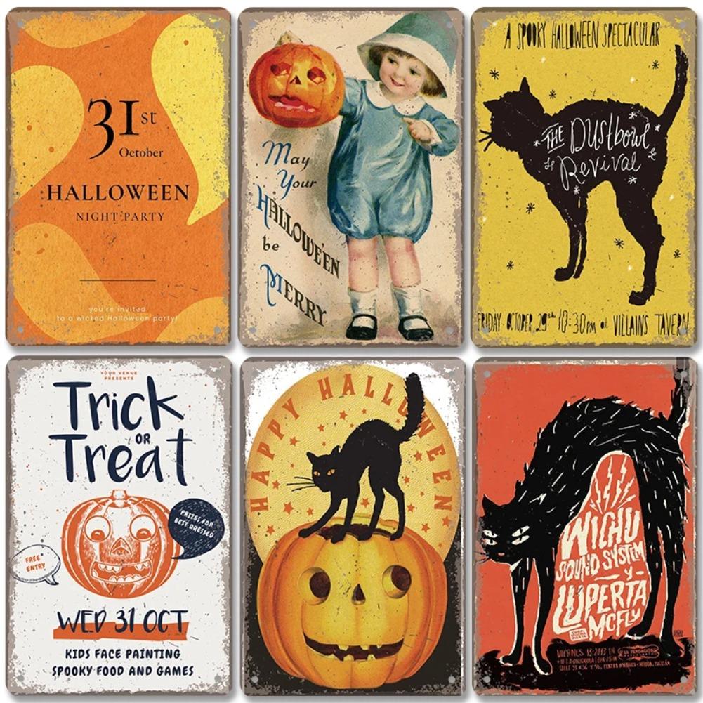 Halloween Night Party Poster Vintage Metal Signs Pumpkin Trick or Treat Metal Tin Plate Wall Art Decor For Bar Pub Club Home