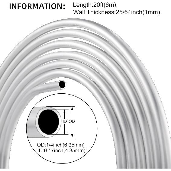 20FT Aluminum Coiled Tubing, KWOKWEI 1060 Grade Aluminium Tubing 0.04" Wall Thickness, 1/4" OD Aluminum Seamless Round Tube for Refrigerator Air