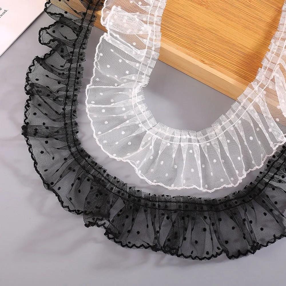 Elegant Pleated Lace Trim Black/White Polka Dot Mesh Ribbon Lace Fabric Ribbon Cuffs