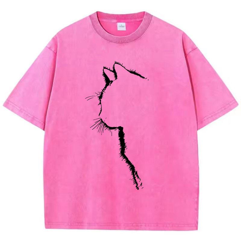 T Shirt Vintage Washed Cotton T-Shirt Retro Cat Graphic Tee Casual Streetwear for Spring Summer Top Tee